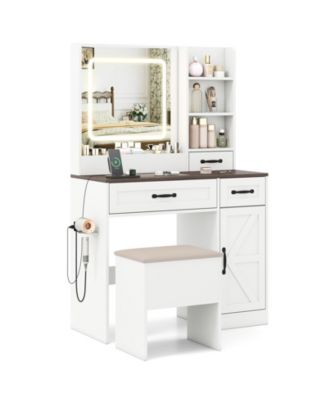 Farmhouse Vanity Desk with Mirror and Built In Lights