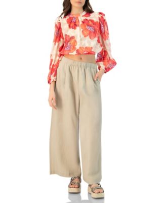 Women's Shimmering Printed Blouse with Pleated Round Neck