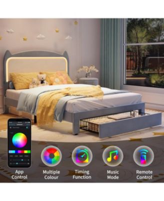 Upholstered LED Bed Frame with Storage Drawer and Cat Headboard, Velvet Princess Platform Bed for Kids