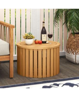 Round Acacia Wood Outdoor Side Table with Hidden Storage