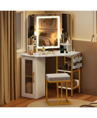 Corner Vanity Desk with Triple Mirror and Lights
