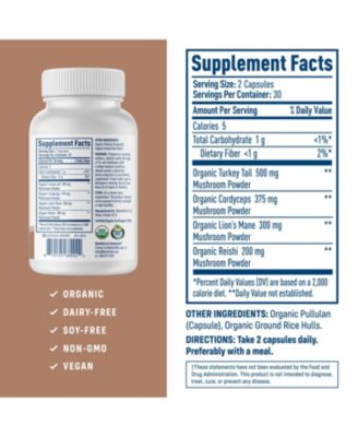 Mushroom Complex - Lions Mane, Turkey Tail, Cordyceps and Reishi - Immune Support and Brain Health - USDA 60 Caps