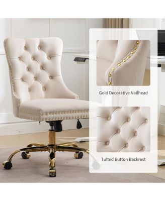 Velvet Upholstered Office Chair, Tufted Button Desk Chair, Adjustable Swivel Computer Chair with Metal Base, Nailhead for Home Office