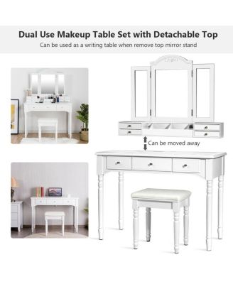 Makeup Dressing Table with Tri Folding Mirror and Stool