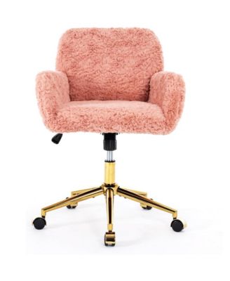 Faux Fur Home Office Chair, Adjustable Swivel Desk Chair, Upholstered Computer Chair with Wheels and Gold Base for Home Office