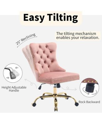 Velvet Upholstered Office Chair, Tufted Button Desk Chair, Adjustable Swivel Computer Chair with Metal Base, Nailhead for Home Office