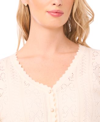 Women's V-Neck Pointelle Cotton Cardigan Sweater