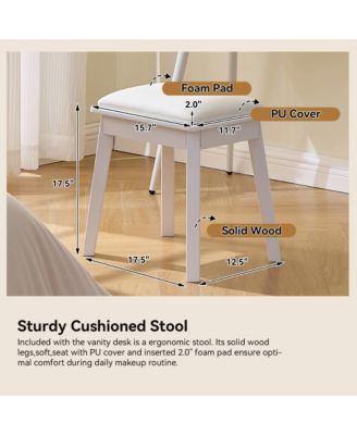 Modern Makeup Vanity Desk - 4 Drawer Dressing Table Set with Cushioned Stool, LED Lighted Mirror for Bedroom