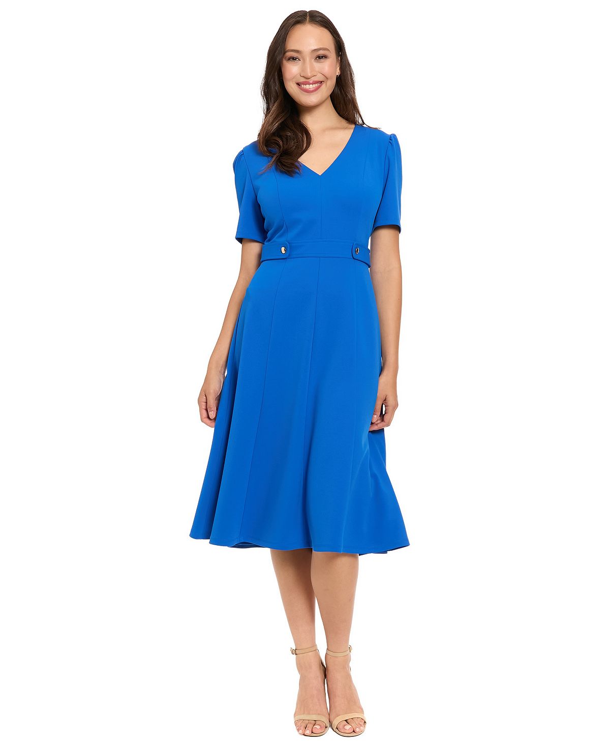 London Times Petite Short-Sleeve V-Neck Midi Dress view 1 — MAYCSS fashion products