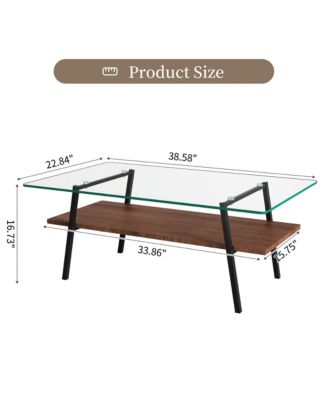 Rectangle Coffee Table, 2 Tier Center Table with Clear Tempered Glass Top and Metal Legs for Living Room