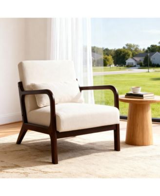 Mid Century Modern Accent Chair - Solid Wood Frame and Detachable Lumbar Pillow, Comfy Linen Armchair for Living Room and Bedroom