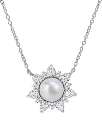 Cultured Freshwater Pearl & Created White Sapphire (2 ct. t.w.) Pendant Necklace in Sterling Silver