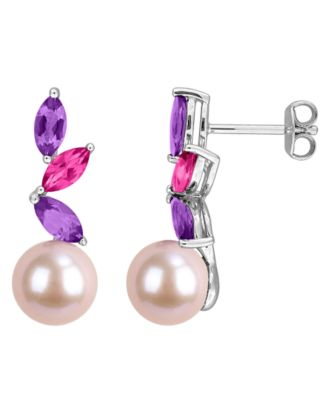 Cultured Freshwater Pearl, Pink Amethyst (1 ct. t.w.) & Pink Topaz (3/8 ct. t.w.) Earrings in Sterling Silver