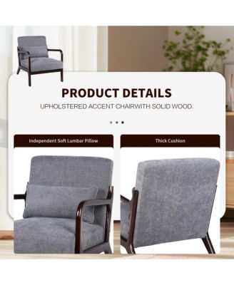 Mid Century Modern Accent Chair - Solid Wood Frame and Detachable Lumbar Pillow, Comfy Linen Armchair for Living Room, Bedroom