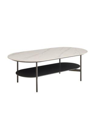 Oval Double Layer Coffee Table - Modern Center Table with Sintered Stone Top and Wood Storage Shelf for Living Room, Home Office