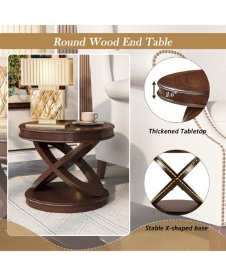 X-shape Base Coffee Table - 22" Retro Round Wooden End Table for Living Room, Small Space