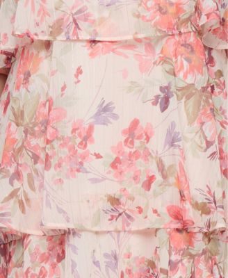 Petite Crewneck Floral-Print Tiered Midi Dress