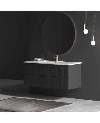 48" Modern Floating Vanity With Ceramic Sink, Black Fluted Wall-Mount Cabinet, 2 Drawers U-Shaped Cutout