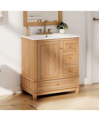 30"   Wood Grain Freestanding Bathroom Vanity, Ceramic Sink With Soft-Close Drawers & Doors, Ample Storage