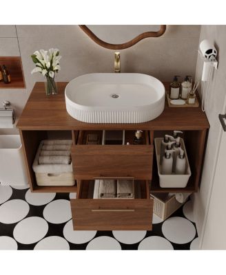39.4" Wall-Mount Bathroom Vanity with Oval Ceramic Sink, Walnut Solid Wood Floating Cabinet & Soft-Close Drawers