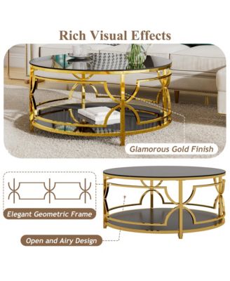 Round Tempered Glass Coffee Table, Modern 2-Tier Center Table, Luxurious Geometric Metal Frame for Living Room