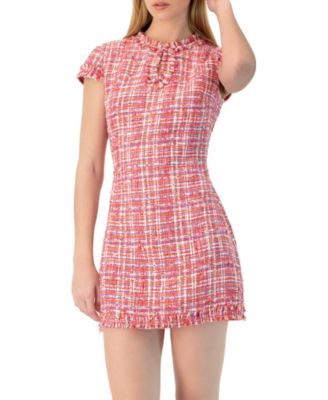 Women's Short Tweed A-Line Dress with V-Neck Neckline
