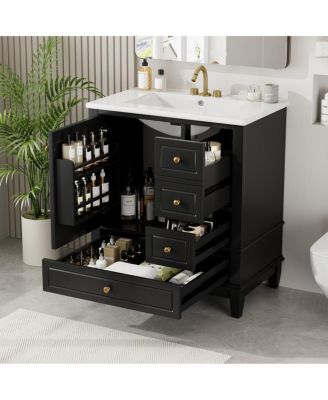 30'' Bathroom Vanity with Ceramic Sink, Solid Wood & MDF, Multi-Drawer Storage & Soft Close Door for Modern Bathrooms