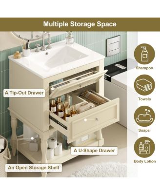 24.4" Retro Freestanding Bathroom Vanity with Sink, Bathroom Storage Cabinet with Open Shelf & Ample Storage Drawers