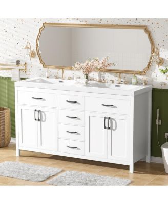 59.3" White Double Sink Bathroom Vanity with SMC Resin Basin, Solid Wood Frame & Soft Close Drawers for Large Bathrooms