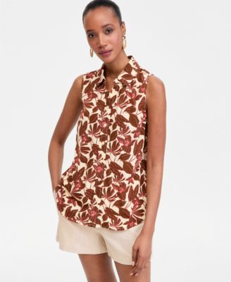 Women's Printed Button-Down Sleeveless Blouse