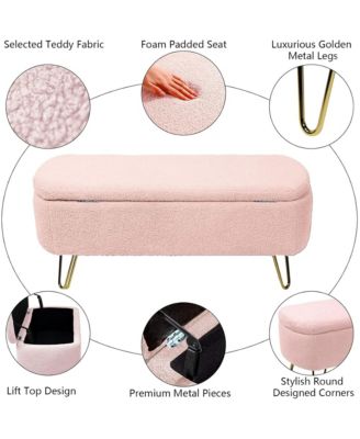 Modern Storage Ottoman Bench - Oval Faux Fur Entryway Bench, End of Bed Bench with Gold Legs for Living Room, Bedroom