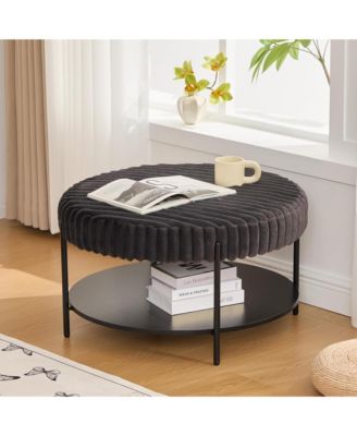30.9" Wide Upholstered Round Ottoman, Faux Fur Footstool with Wooden Open Storage Shelf and Metal Legs for Living Room
