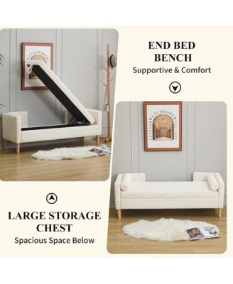 65" Storage Ottoman -  Corduroy Upholstered Bench with Armrests, Backrest and 2 Pillows, End of Bed Bench for Bedroom, Entryway