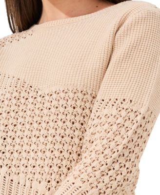 Women's Eyelet Texture Three-Quarter-Sleeve Sweater