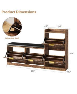 Farmhouse Entryway Shoe Cabinet with Bench and 4 Flip Drawers, Comfort Cushioned Shoe Storage Bench, Freestanding Shoe Organizer