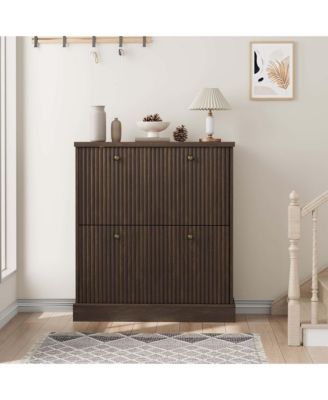 Fluted Shoe Cabinet with 2 Flip Drawers, Hidden Wooden Shoe Cabinet with Adjustable Shelf, Freestanding Shoe Storage Cabinet