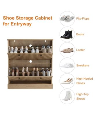 Fluted Shoe Cabinet with 2 Flip Drawers, Hidden Wooden Shoe Cabinet with Adjustable Shelf, Freestanding Shoe Storage Cabinet