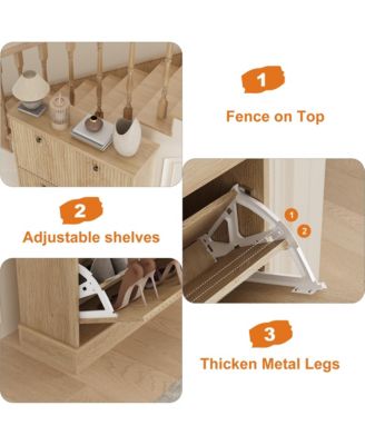 Fluted Shoe Cabinet Storage with 3 Flip Drawers, Wooden Fluted Narrow Shoe Organizer with Adjustable and Removable Shelves
