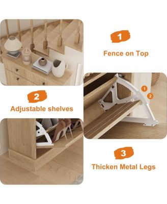 Fluted Shoe Storage Cabinet with 2 Flip Drawers and Top Drawer, 42" Tall Narrow Shoe Organizer, Curved Profile Design