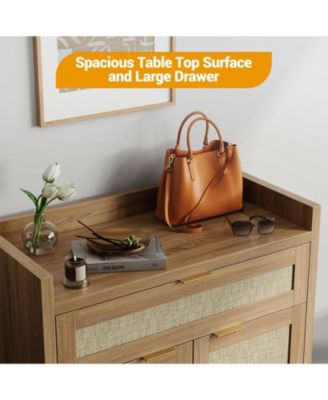 2Pcs Modern Rattan Shoe Cabinet With Storage,32'' Boho Style Shoe Organizer Storage Cabinet With Shelves and Doors,Wooden Shoe Rack Cabinet