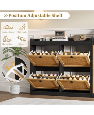2Pcs Shoe Cabinet Rattan with 4 Flip Drawers, Wooden Freestanding Shoe Organizer with Adjustable Shelves, Shoe Storage for Entryway
