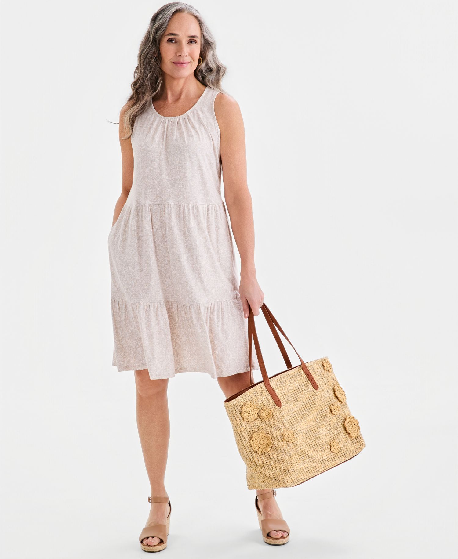 Petite Printed Round-Neck Tiered Tank Dress