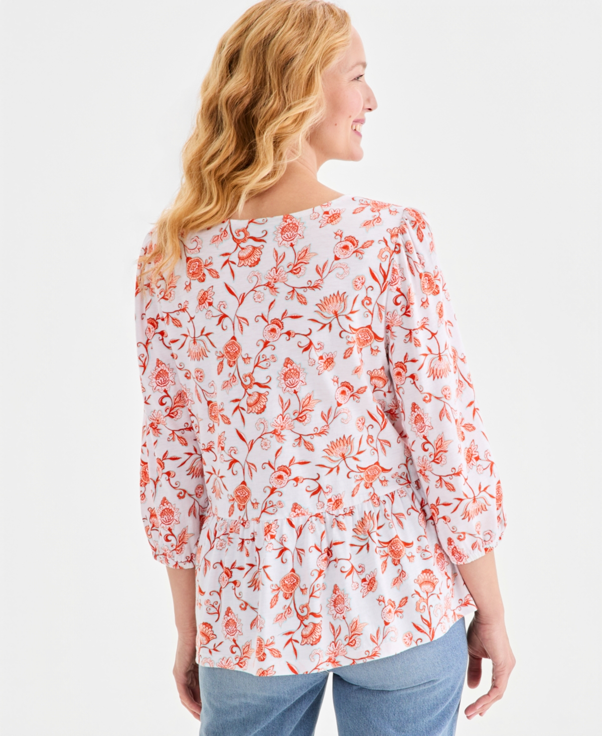 Style & Co Women's Printed 3/4-Sleeve V-Neck Peplum Top, Macy's Exclusive