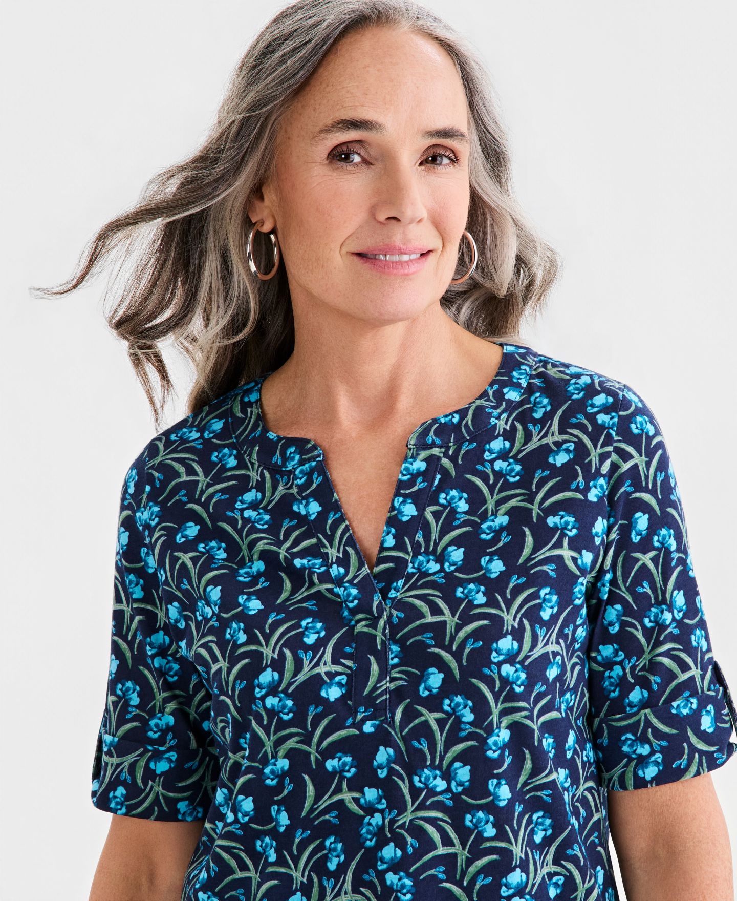 Женский топ Style & Co Printed Split-Neck Elbow-Sleeve Tunic, цвет: Синий — фото 3