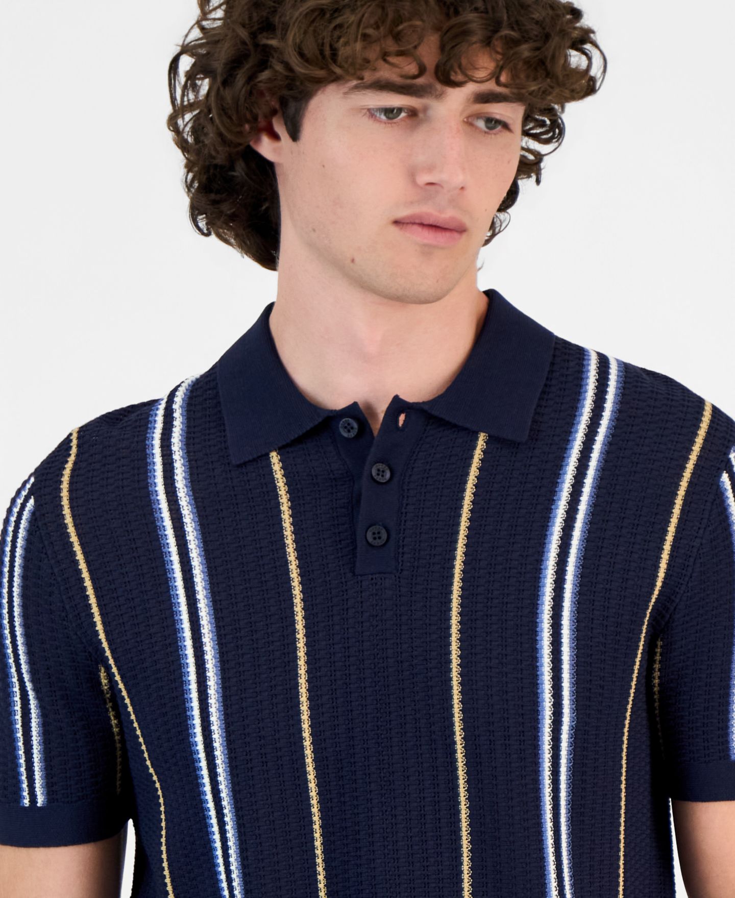 Мужское поло GUESS Intarsia Striped Short-Sleeve Polo Shirt, цвет: Синий разноцветный — фото 3