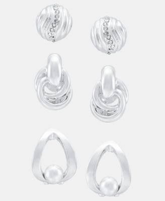 Silver-Tone Fluted Dome Textured Earrings Set