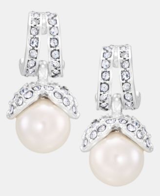 Silver-Tone Huggie Imitation Pearl Stone Drop Earrings