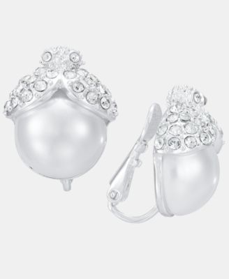 Silver-Tone Imitation Pearl Stone Button EZ Comfort Clip Earrings