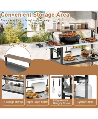 Outdoor Foldable Grill Table with Flip-Up Top and 2 Storage Shelves for Backyard Garden
