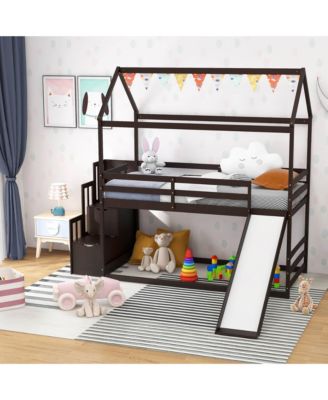 Loft Bed w/ Slide and Storage Staircase Twin Over Twin House-shaped Bunk Bed